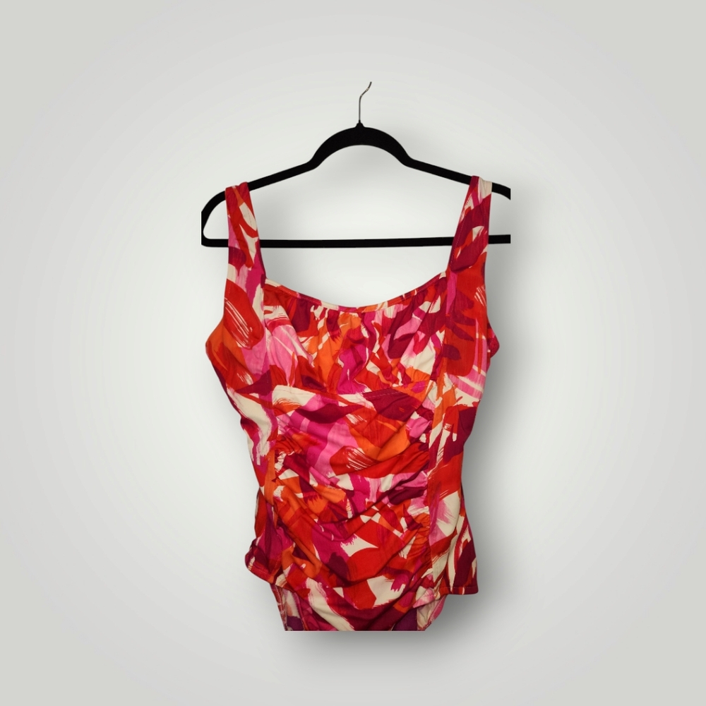 Croft & Barrow Red White Floral Built In Padded Bra One Piece Swimsuit 16